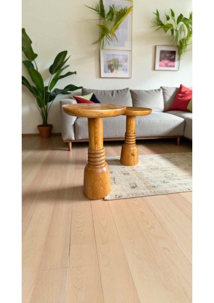 Doğal Masif Tik Renk Ahşap 2’li Sehpa – Zigon ve Fiskos Yan Sehpa Seti