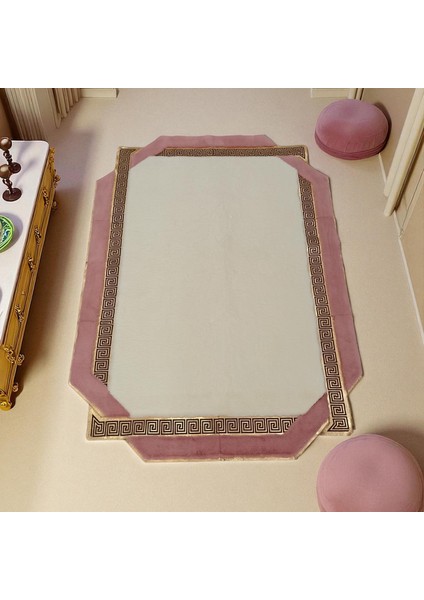 Pembe ve Altın Bordürlü Krem Peluş Halı - Yumuşak Yatak Odası Halısı fiyatları