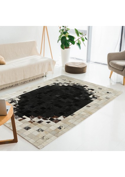 Siyah Bej El Yapımı Dana Derisi Patchwork Halı – Hakiki Deri Dekoratif Salon Halısı