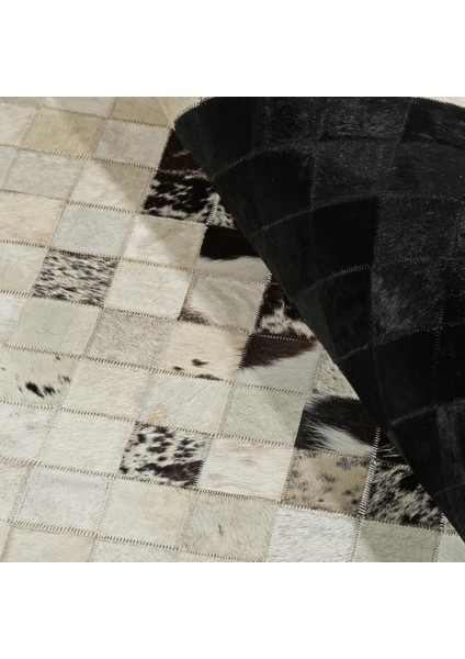 Siyah Bej El Yapımı Dana Derisi Patchwork Halı – Hakiki Deri Dekoratif Salon Halısı fiyatları