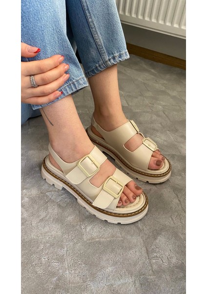 Kadın Merlin Krem Cilt Çift Bantlı Vardola Deyatlı Kalın Taban Ortopedik Sandalet K-110