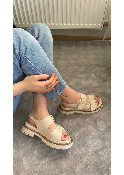 Kadın Merlin Krem Cilt Çift Bantlı Vardola Deyatlı Kalın Taban Ortopedik Sandalet K-110 fiyatları