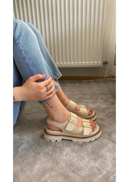 Kadın Merlin Krem Cilt Çift Bantlı Vardola Deyatlı Kalın Taban Ortopedik Sandalet K-110 fırsatları
