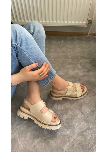 Kadın Merlin Krem Cilt Çift Bantlı Vardola Deyatlı Kalın Taban Ortopedik Sandalet K-110 indirimleri