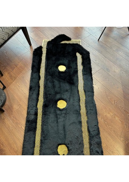 Siyah ve Altın Rengi Modern Desenli Peluş Halı, Şık Salon ve Ofis Halısı