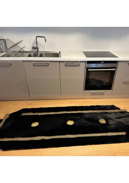 Siyah ve Altın Rengi Modern Desenli Peluş Halı, Şık Salon ve Ofis Halısı fırsatları
