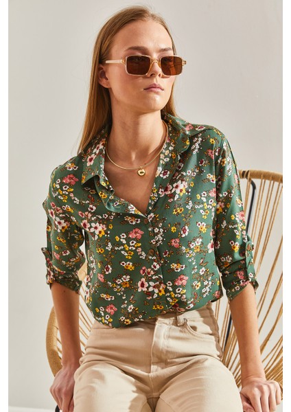 Kadın Kol Katlamalı Desenli Viskon Gömlek