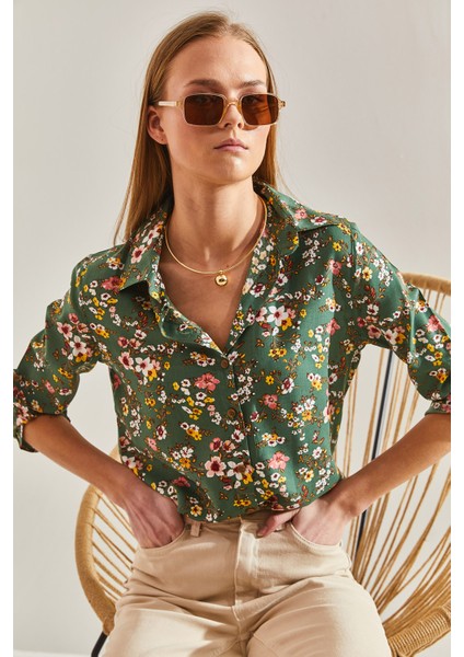 Kadın Kol Katlamalı Desenli Viskon Gömlek fırsatları