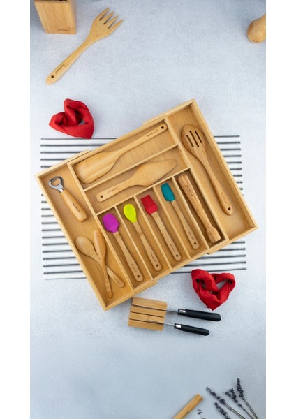 Kahverengi Ayarlanabilir Çekmece Düzenleyici, Kaşıklık ve Bıçaklık Seti