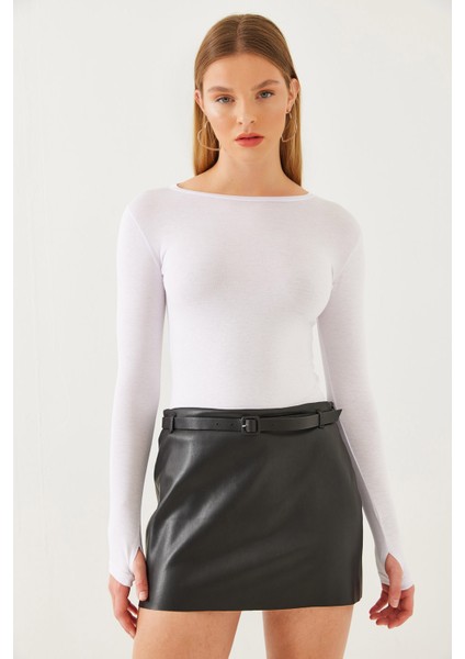 Kadın Kayık Yaka Parmak Detaylı Likralı Bluz