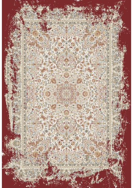 Diamente DM005J Krem Kırmızı Çerçeveli Halı Modern Klasik Desen 100 Tarak Bambu Viskon Ipek Serisi