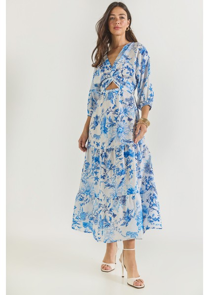 Kadın Pencere Detaylı Desenli Uzun Keten Elbise