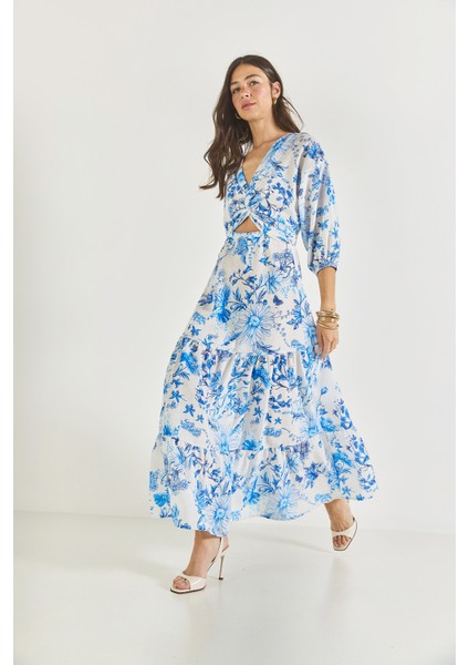 Kadın Pencere Detaylı Desenli Uzun Keten Elbise modelleri