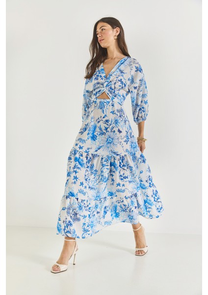 Kadın Pencere Detaylı Desenli Uzun Keten Elbise fırsatları