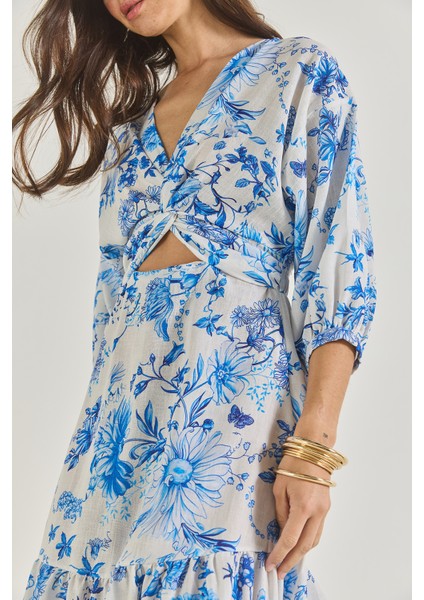 Kadın Pencere Detaylı Desenli Uzun Keten Elbise