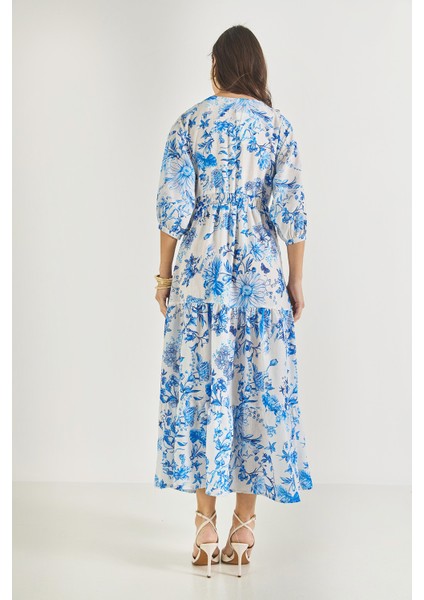 Kadın Pencere Detaylı Desenli Uzun Keten Elbise