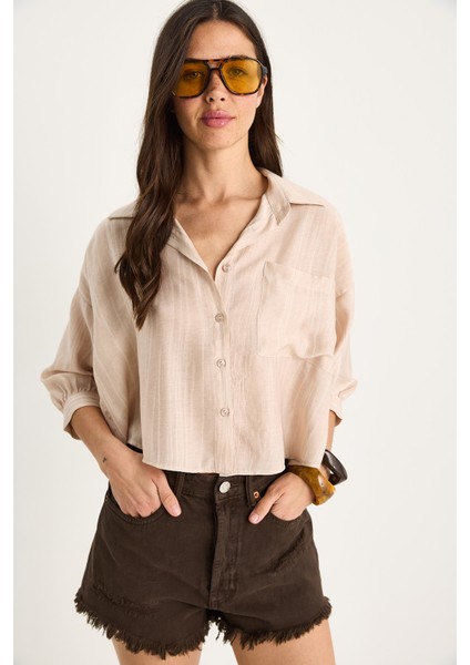 Kadın Kendinden Çizgili Yarım Kollu Tek Cep Detaylı Gömlek fiyatları