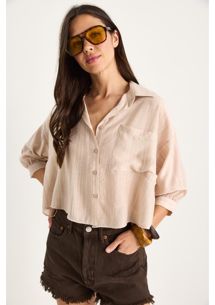 Kadın Kendinden Çizgili Yarım Kollu Tek Cep Detaylı Gömlek modelleri
