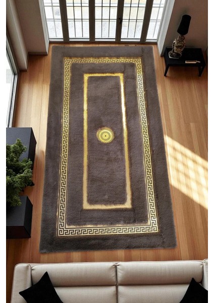 Altın Bordürlü Koyu Gri Peluş Halı – El Yapımı Modern ve Şık Salon Halısı fiyatları