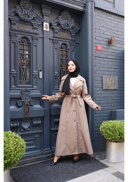 Kadın Kuşaklı Çift Düğmeli Astarlı Bondit Bej Trençkot fiyatları