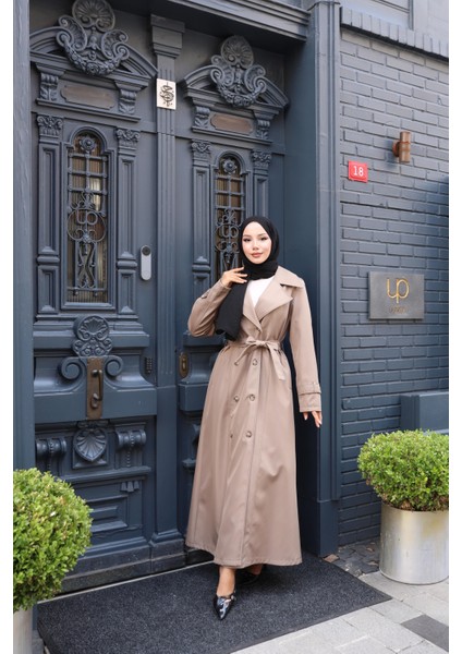 Kadın Kuşaklı Çift Düğmeli Astarlı Bondit Bej Trençkot modelleri