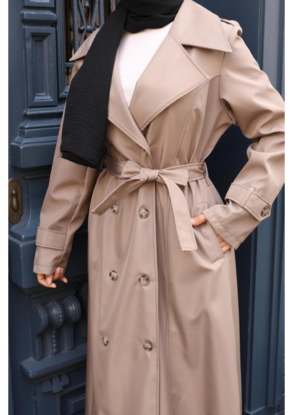 Kadın Kuşaklı Çift Düğmeli Astarlı Bondit Bej Trençkot fırsatları