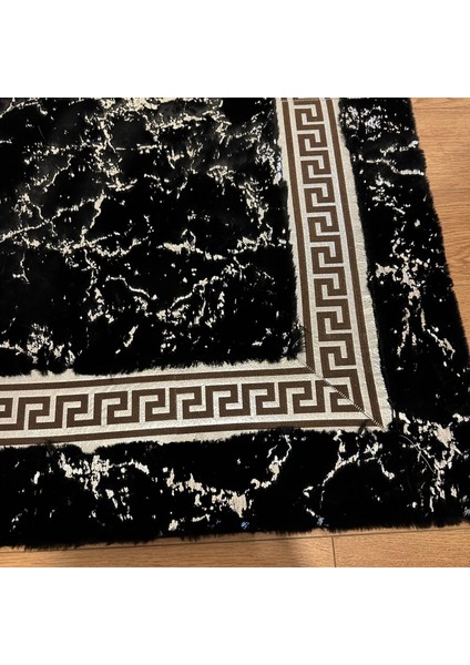 Siyah Mermer Desenli Yumuşak Peluş Halı – El Yapımı Modern ve Şık Yumuşak Halı
