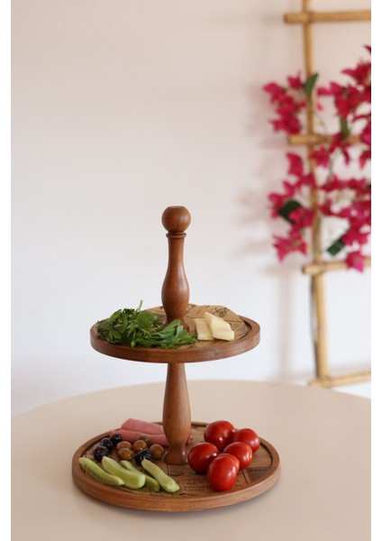 Iki Katlı Ahşap Kek ve Pasta Sunum Standı, Çok Amaçlı Ikramlık, 21/25 cm
