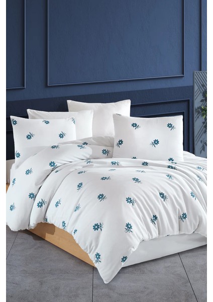 Lastikli Çarşaflı Nevresim Takımı | Çiçek Desen Beyaz