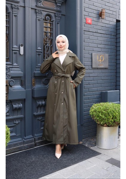 Kadın Kuşaklı Çift Düğmeli Astarlı Bondit Haki Trençkot