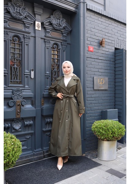 Kadın Kuşaklı Çift Düğmeli Astarlı Bondit Haki Trençkot fiyatları