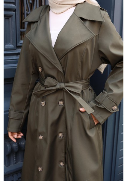 Kadın Kuşaklı Çift Düğmeli Astarlı Bondit Haki Trençkot fırsatları