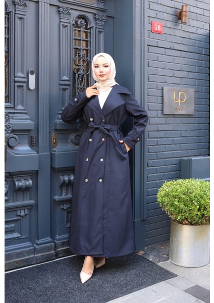 Kadın Kuşaklı Çift Düğmeli Astarlı Bondit Lacivert Trençkot