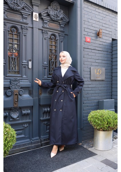 Kadın Kuşaklı Çift Düğmeli Astarlı Bondit Lacivert Trençkot fiyatları