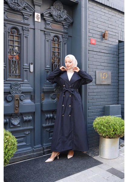 Kadın Kuşaklı Çift Düğmeli Astarlı Bondit Lacivert Trençkot modelleri