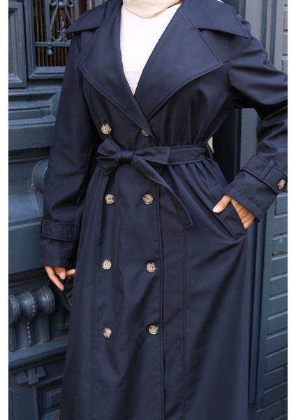 Kadın Kuşaklı Çift Düğmeli Astarlı Bondit Lacivert Trençkot fırsatları