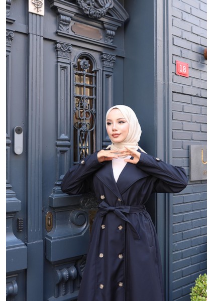 Kadın Kuşaklı Çift Düğmeli Astarlı Bondit Lacivert Trençkot indirimleri