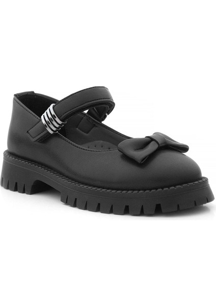 Siyah Mat Kalın Tabanlı Metal Detaylı Cırtlı Kız Çocuk Babet fiyatları