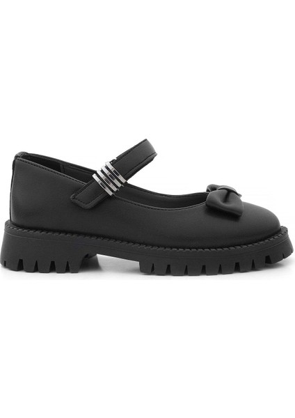 Siyah Mat Kalın Tabanlı Metal Detaylı Cırtlı Kız Çocuk Babet modelleri