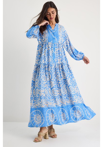 Kadın V Yaka Desenli Düğme Detaylı Maxi Viskon Elbise