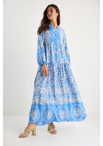 Kadın V Yaka Desenli Düğme Detaylı Maxi Viskon Elbise fırsatları