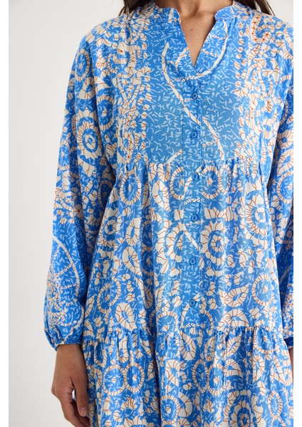 Kadın V Yaka Desenli Düğme Detaylı Maxi Viskon Elbise indirimleri