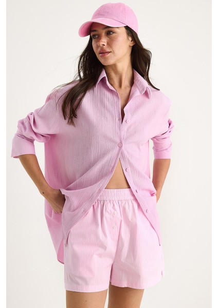 Kadın Düşük Omuz Oversize Basic Bürümcük Gömlek