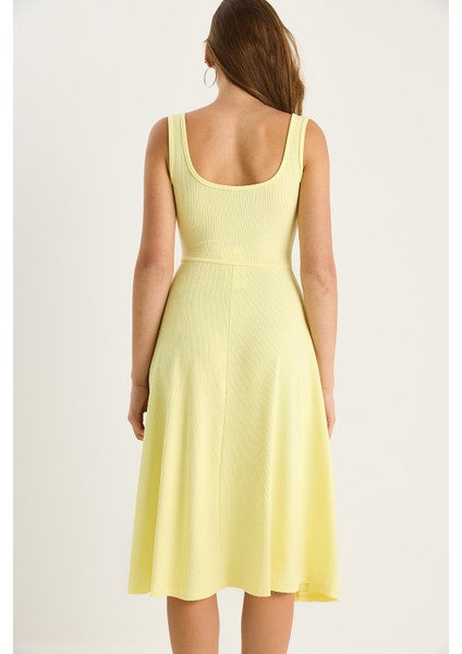 Kadın U Yaka Askılı Fitilli Kloş Elbise