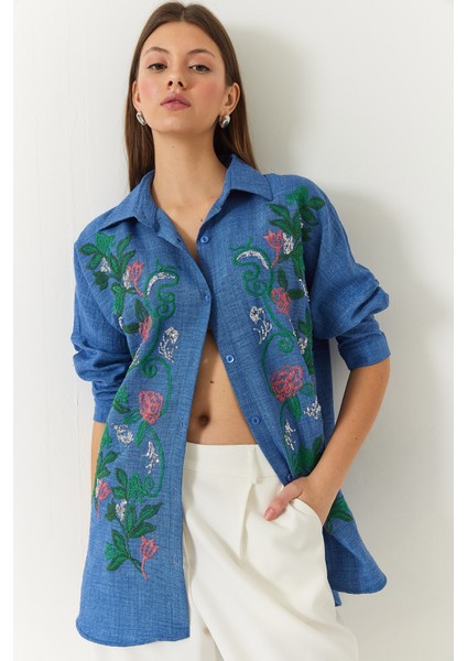 Kadın Nakışlı Sofya Keten Gömlek