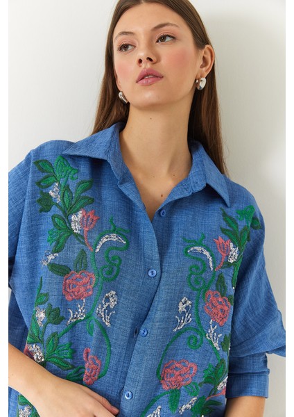 Kadın Nakışlı Sofya Keten Gömlek modelleri