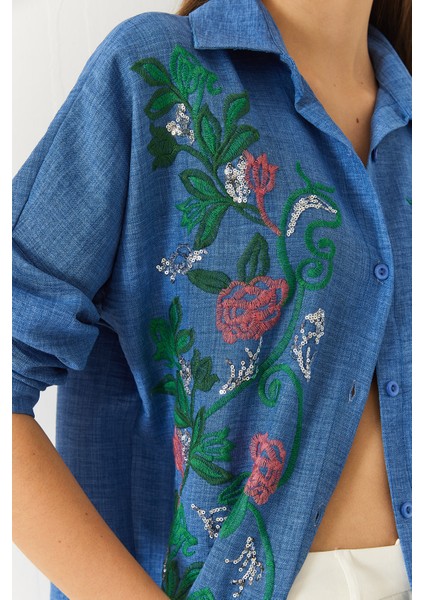 Kadın Nakışlı Sofya Keten Gömlek fırsatları