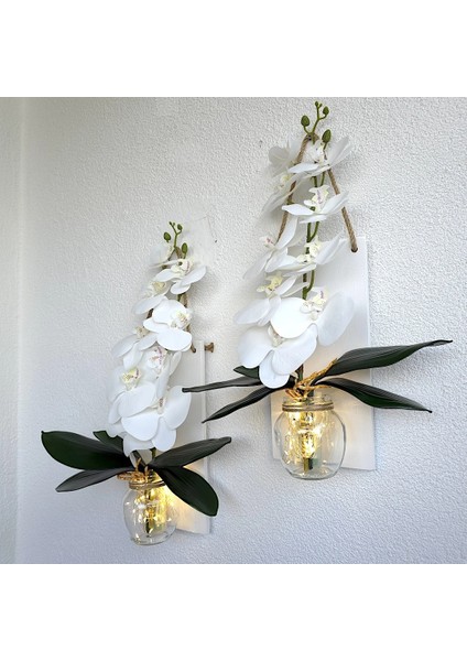 LED Işıklı, Beyaz Islak Orkide Çiçekli Duvar Dekoru Beyaz Ikili Set