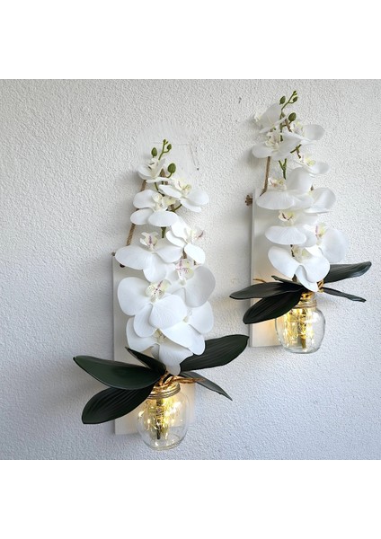 LED Işıklı, Beyaz Islak Orkide Çiçekli Duvar Dekoru Beyaz Ikili Set fiyatları