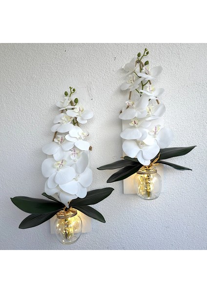 LED Işıklı, Beyaz Islak Orkide Çiçekli Duvar Dekoru Beyaz Ikili Set modelleri